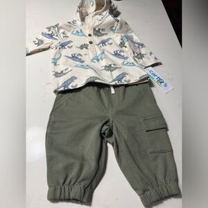 Carter's Cream Dino Hoodie Top with Green Cargo Pants